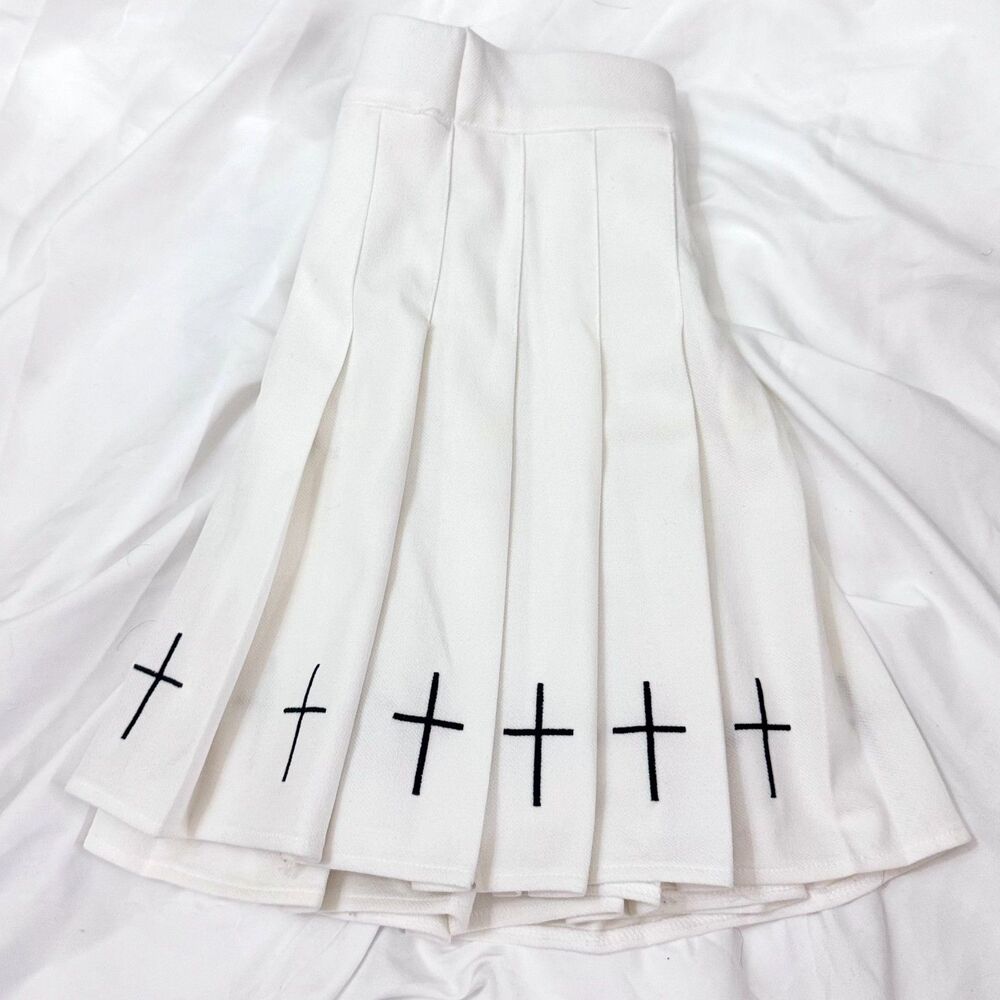 White Pleated Mini Skirt with Crosses – Medium
